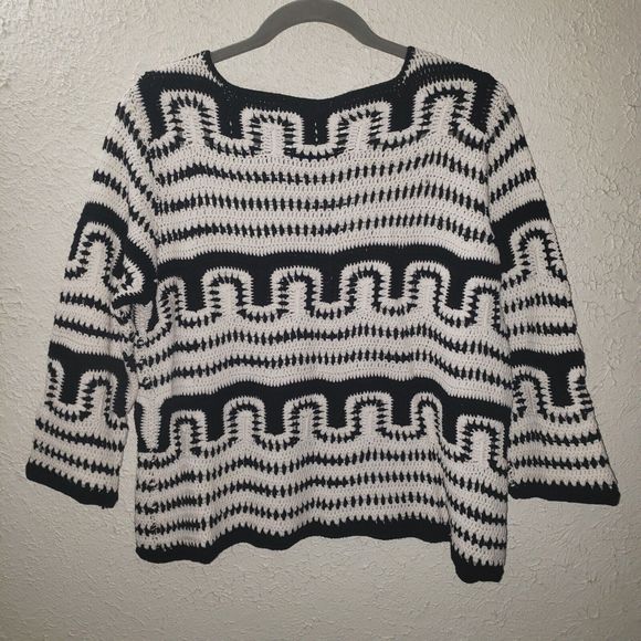Chico's Cotton Knit Sweater Black White Crochet Sz 2 (M) Pullover 3/4 Sleeve Top - Picture 5 of 9